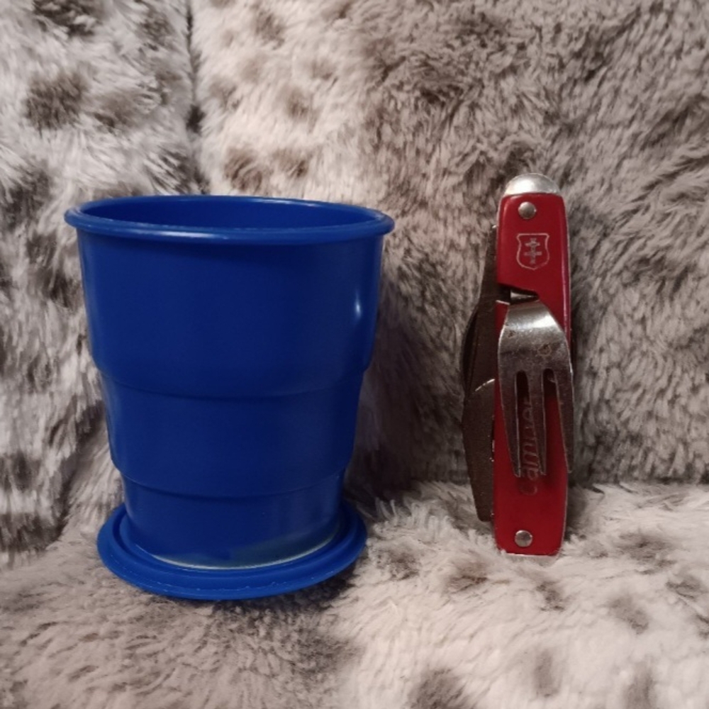1980s Bpyscouts Compact Blue Collapsible Cup with Multi-Tool